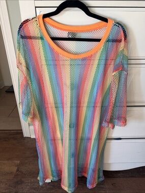 Women’s Rainbow Stripe Mesh Swim Cover-Up - Multicolor